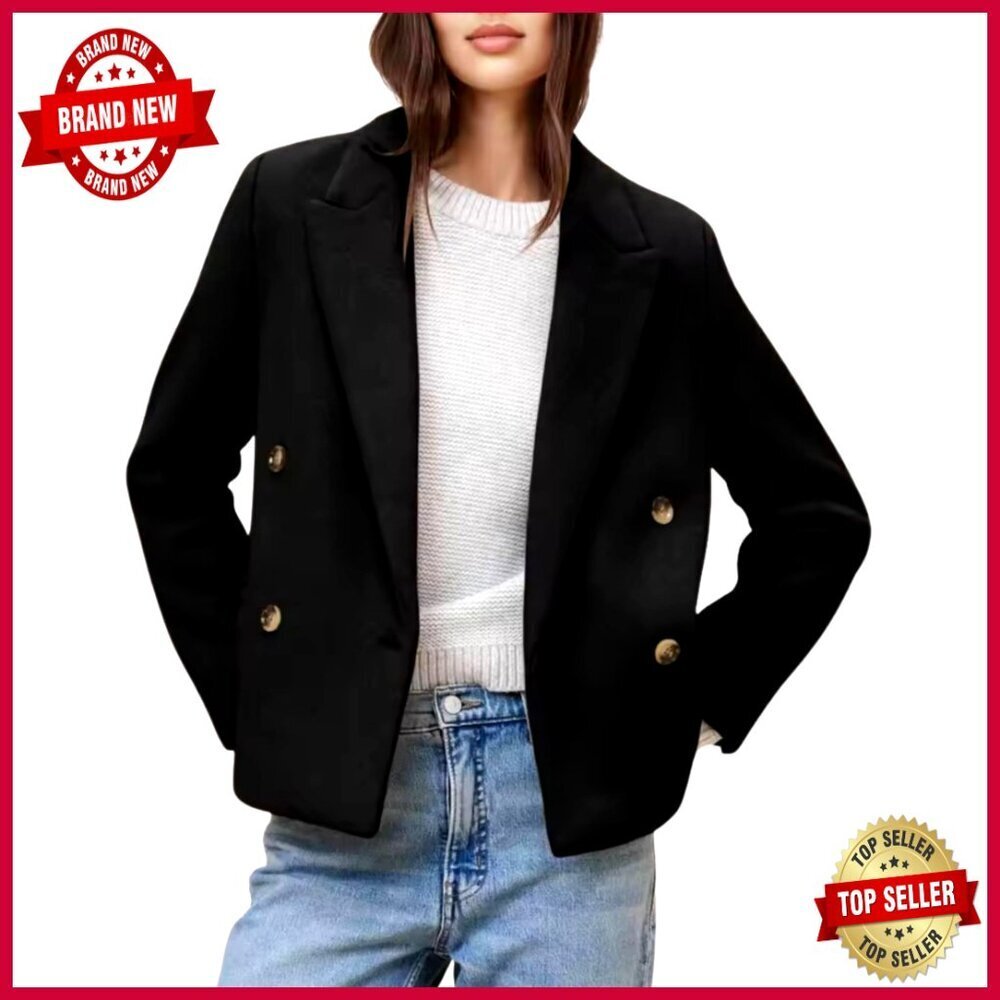Wool Blend Pea Coat Double Breasted Notched Lapel Cropped Blazer Overcoat